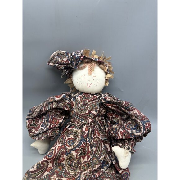 Vintage Handmade Rag Doll Paisley Dress & bow ribbon 25" brown READ - Picture 2 of 9